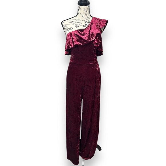 Lulus L Red Velvet Jumpsuit One Shoulder Ruffle Wide Leg Witchy Wedding Guest - Picture 2 of 12